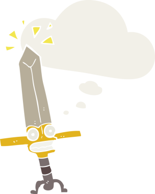 Düşünce baloncuklu sihirli kılıç insan tarafından çizilmiş.