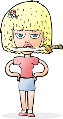 Bir insan tarafından çizilmiş, dişlerinin arasında bıçak olan çizgi film kadını.