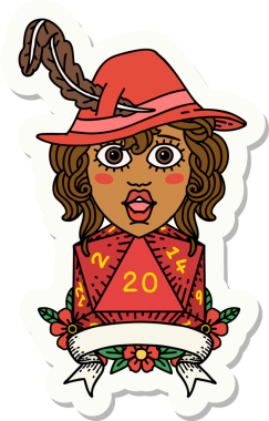 Bir insan ozan karakterinin çıkartması. Bir insan tarafından çizilmiş doğal 20 zar.