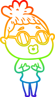 Bir insan tarafından çizilmiş gözlük takan bir karikatür kadının çizimi.