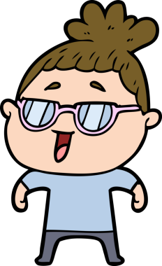 Bir insan tarafından çizilmiş gözlüklü mutlu kadın çizgi filmi.