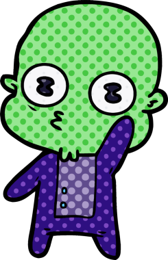 Bir insan tarafından çizilmiş garip, kel bir uzaylı.