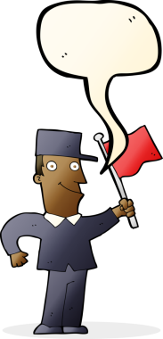 Bir insan tarafından çizilmiş konuşma balonuyla bayrak sallayan çizgi film adamı.