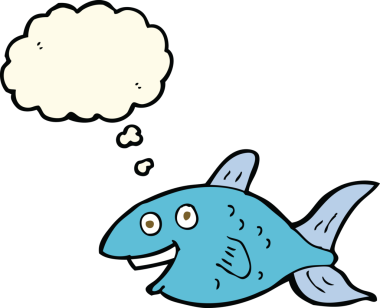 Bir insan tarafından çizilmiş düşünce baloncuklu çizgi film balığı.