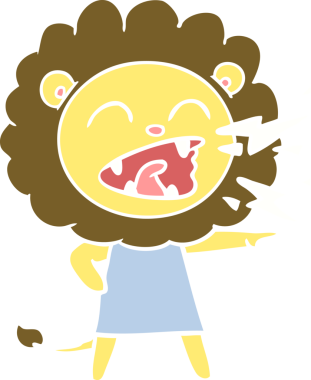 Düz renkli çizgi film kükreyen aslan kız bir insan tarafından çizilmiş.