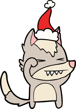 Yorgun kurt el çizgisi bir insan tarafından çizilmiş Noel Baba şapkası