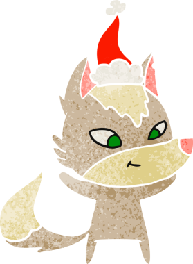 Dost canlısı el, bir insan tarafından çizilmiş Noel Baba şapkası takan bir kurdun eski çizgi filmini çizdi.