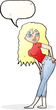 Bir insan tarafından çizilen konuşma baloncuğuna şaşırmış gibi görünen çekici bir kadın.