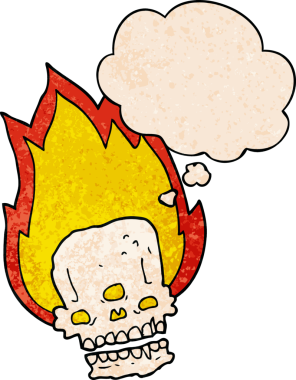 Bir insan tarafından çizilmiş grunge dokusunda düşünce baloncuğu olan alevli bir kafatası.