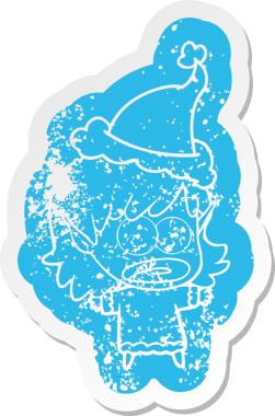 Şok olmuş bir elf kızının insan tarafından çizilmiş Noel Baba şapkası giymesi garip bir karikatür.