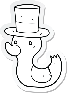 Bir insan tarafından çizilmiş silindir şapka giyen bir ördeğin çıkartması.