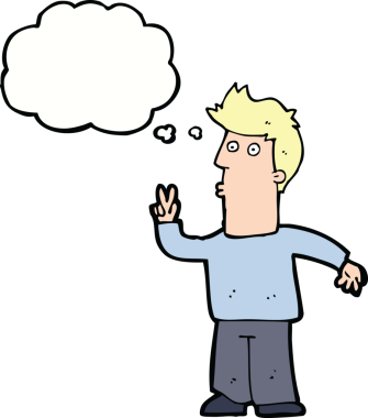 Bir insan tarafından çizilmiş düşünce baloncuğuyla barış işareti yapan çizgi film adamı.