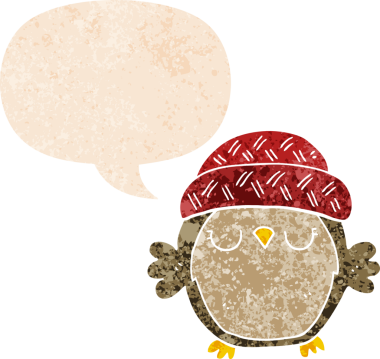 Şapkalı sevimli bir baykuş, grunge 'da konuşma baloncuğu olan sıkıntılı eski moda bir insan tarafından çizilmiş.