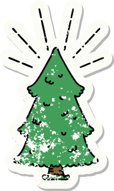 Bir insan tarafından çizilmiş çam ağacı dövmesi stili eski bir etiket.