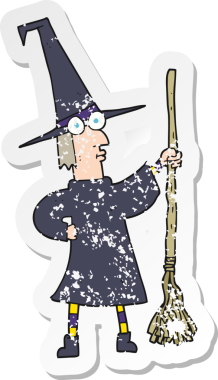 Bir insan tarafından çizilmiş süpürgeli çizgi film cadısının geriletilmiş yapıştırması.