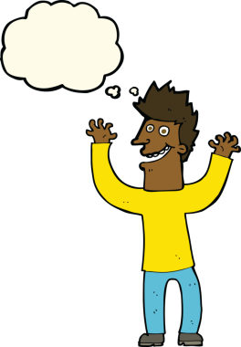 Bir insan tarafından çizilmiş düşünce baloncuğu ile heyecanlı bir adam.