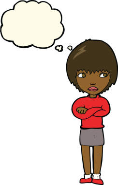 Bir insan tarafından çizilmiş düşünce baloncuğuyla rahatsız bir kadın.