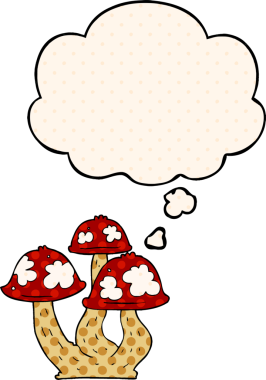 Çizgi roman tarzında bir insan tarafından çizilmiş düşünce baloncuklu mantarlar.