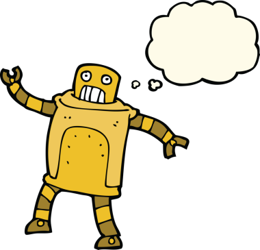 Bir insan tarafından çizilmiş düşünce baloncuklu çizgi film robotu