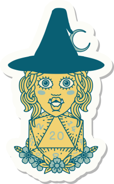 Bir insan tarafından çizilmiş 20 zarlı yarı ork bir cadının çıkartması.