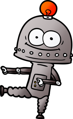 Bir insan tarafından çizilmiş ampullü mutlu karton robot.