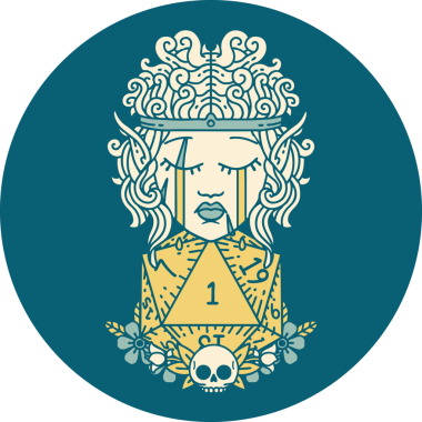 Retro Dövme Tarzı Ağlayan Elf Barbar Karakteri Bir insan tarafından çizilmiş doğal bir D20 rulosu