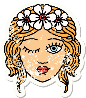 Geleneksel bir stil olan, bir insanın göz kırpan yüzü dövmesi.