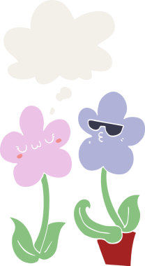 Bir insan tarafından çizilmiş düşünce baloncuğu olan sevimli bir karikatür çiçeği.