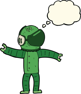 Bir insan tarafından çizilmiş düşünce baloncuklu astronot.