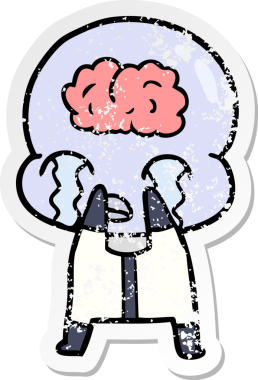 Bir çizgi filmin sıkıntılı çıkartması. Bir insan tarafından çizilmiş büyük beyinli uzaylı ağlaması.