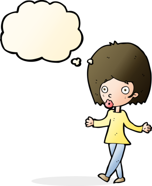 Bir insan tarafından çizilmiş düşünce baloncuğu olan kafası karışık bir kadın çizgi filmi.