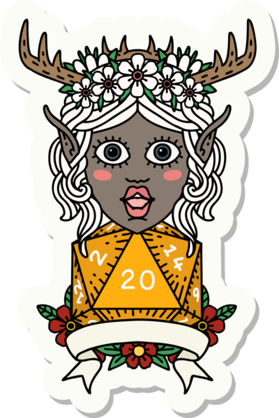 Bir insan tarafından çizilmiş doğal 20 zarlı Elf Druid karakterinin çıkartması.