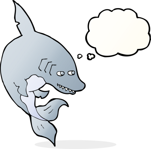 Bir insan tarafından çizilmiş düşünce baloncuklu komik köpek balığı.