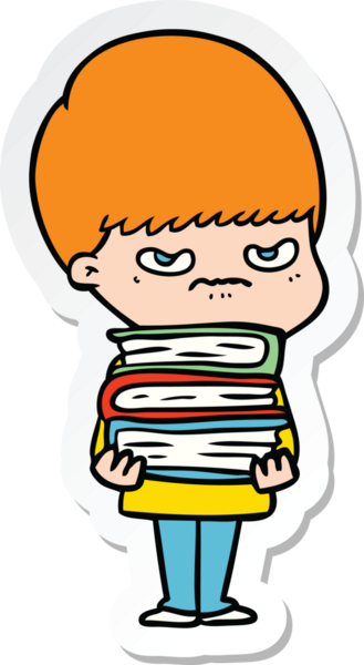 Bir insan tarafından çizilmiş kitapları olan kızgın bir çizgi film çocuğunun çıkartması.