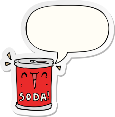 Bir insan tarafından çizilmiş konuşma balonu etiketli karikatür soda kutusu.