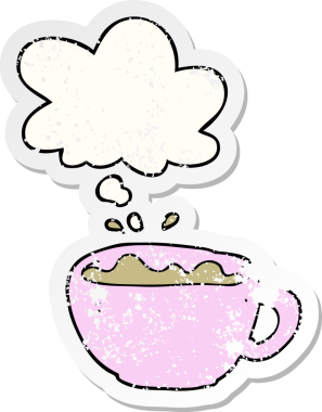 Düşünce baloncuklu çizgi film kahve fincanı insan tarafından çizilmiş yıpranmış bir çıkartma gibi.