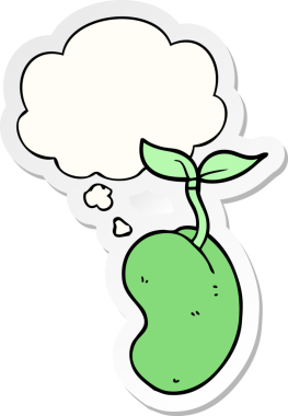 Düşünce baloncuğuyla filizlenen çizgi film tohumu insan tarafından çizilmiş bir çıkartma gibi.