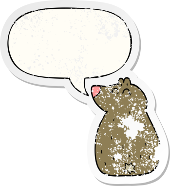 Konuşma baloncuğu olan sevimli çizgi film ayısı bir insan tarafından çizilmiş sıkıntılı eski bir çıkartma