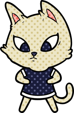 Bir insan tarafından çizilmiş giysiler içinde kafası karışmış bir kedi.