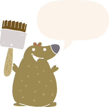 Boya fırçası ve konuşma baloncuğu olan çizgi film ayısı insan tarafından çizilmiş.