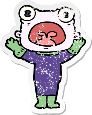 Bir insan tarafından çizilmiş garip uzaylı karikatürünün sıkıntılı çıkartması.