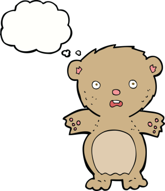 Bir insan tarafından çizilmiş düşünce baloncuklu korkmuş oyuncak ayı çizgi filmi.