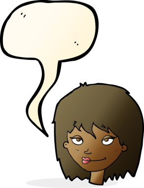 Bir insan tarafından çizilmiş konuşma balonu olan gülümseyen bir kadın.