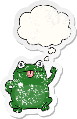 Düşünce baloncuğu olan karikatür kurbağası insan tarafından çizilmiş yıpranmış bir çıkartma.