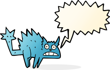 Bir insan tarafından çizilmiş konuşma balonlu korkmuş kedi çizgi filmi.