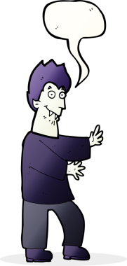 Bir insan tarafından çizilmiş konuşma balonuyla el sallayan vampir çizgi filmi.