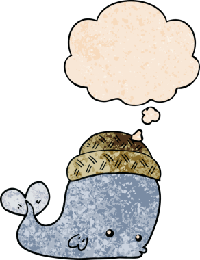 Düşünce baloncuklu şapkalı çizgi film balinası bir insan tarafından çizilmiş.