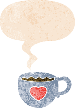 Bir insan tarafından çizilmiş, sıkıntılı, grunge 'da konuşma baloncuğu olan kahve fincanlarına bayılırım.