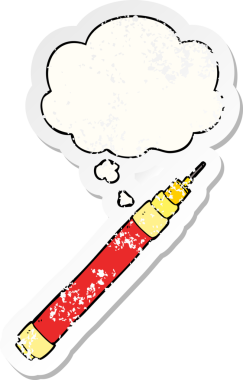 Düşünce baloncuklu çizgi film kalemi insan tarafından çizilmiş yıpranmış bir çıkartma gibi.