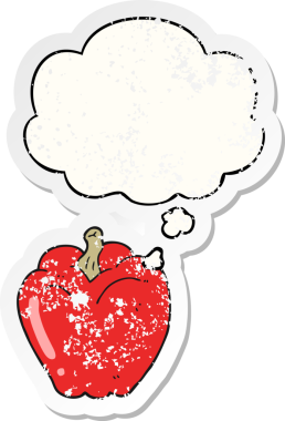 Düşünce baloncuklu karikatür biberi bir insan tarafından çizilmiş yıpranmış bir çıkartma.